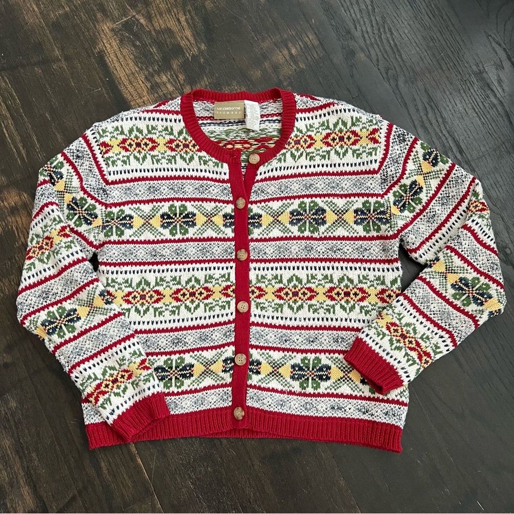 Vintage Liz Claiborne Women's Sz S Fair Isle Sweater Chunky Retro Crop Cardigan